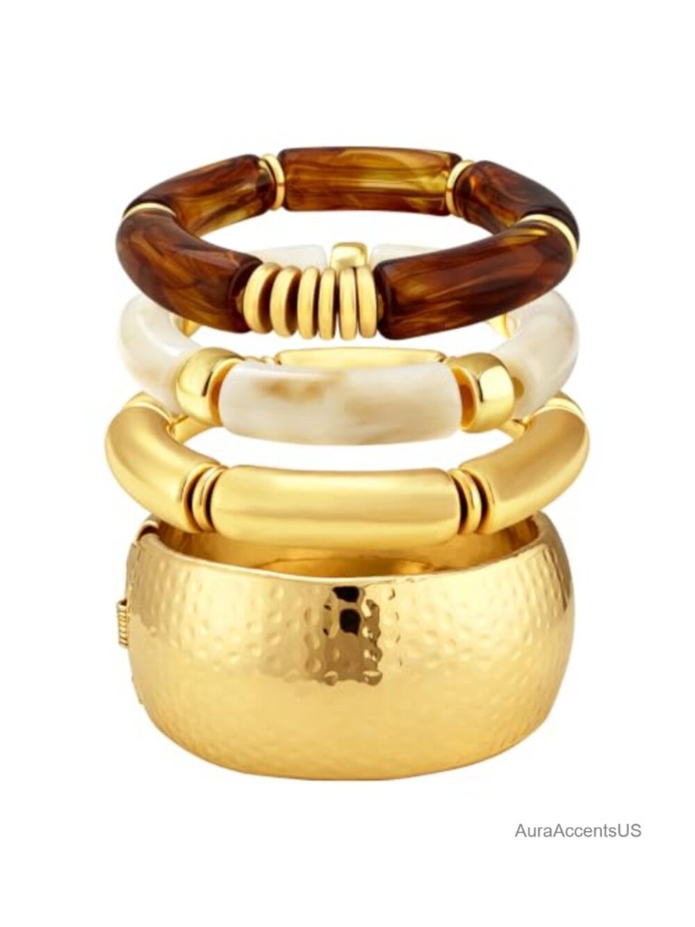 Gold Open Cuff Bracelet with 3 Resin Bangles Set, Stackable Jewelry, Adjustable